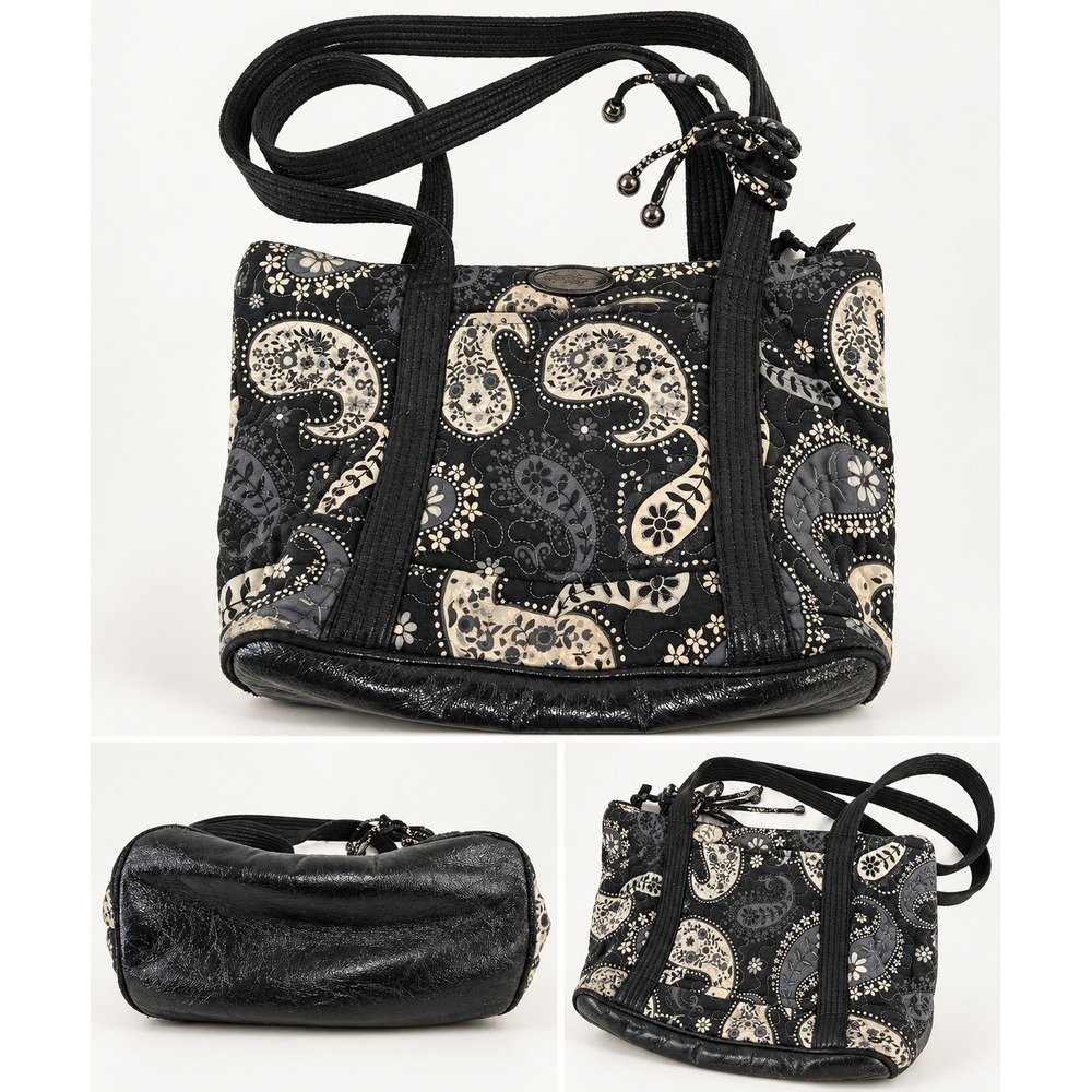 Donna Sharp Quilted Paisley Shoulder Bag Black White Gray Boho Tote Floral
